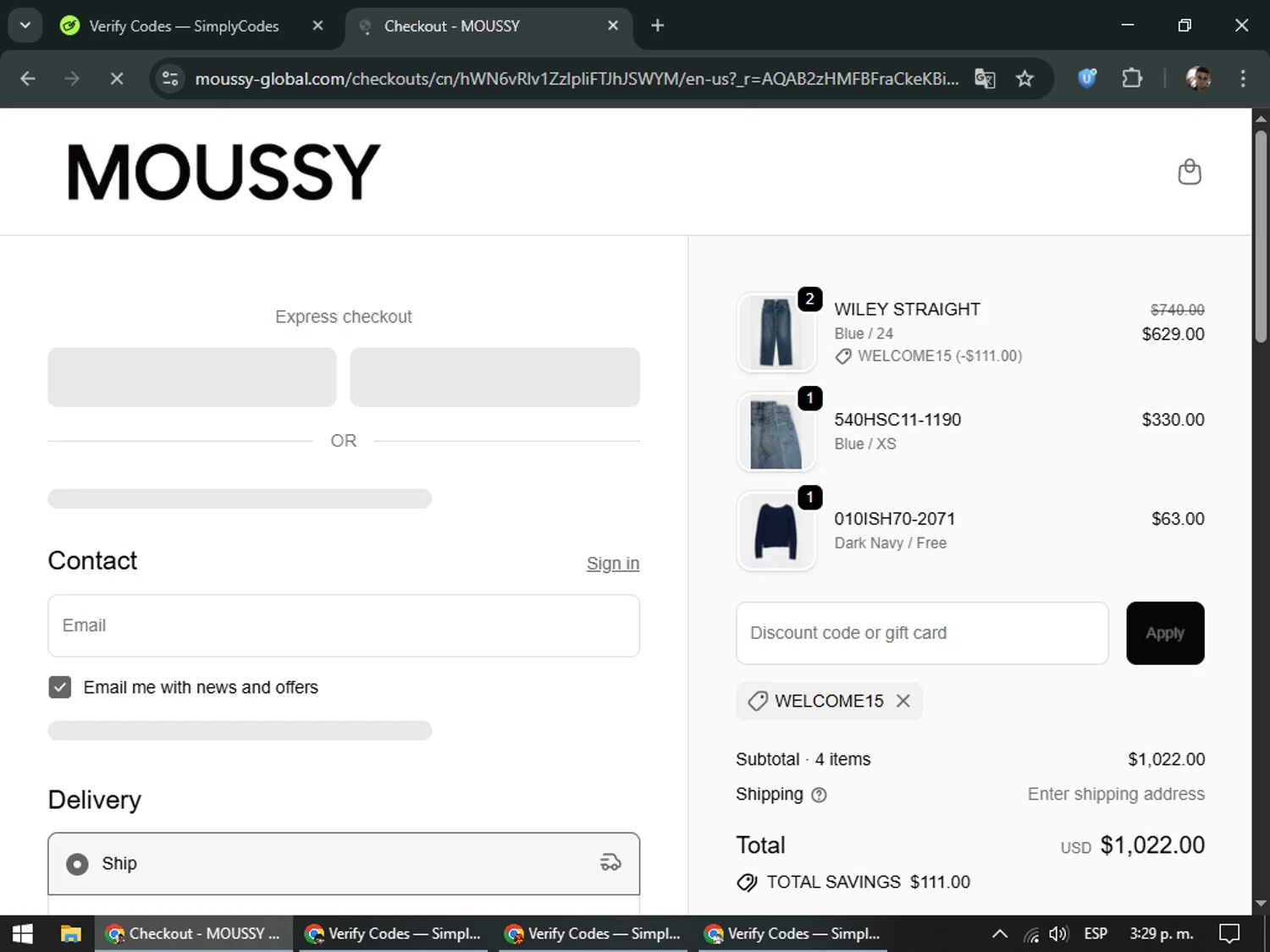 Moussy Global promo code screenshot showing code WELCOME15 applied at Moussy Global checkout page. Uploaded by SimplyCodes community member DiscountSeeker682 on Dec 27, 2025