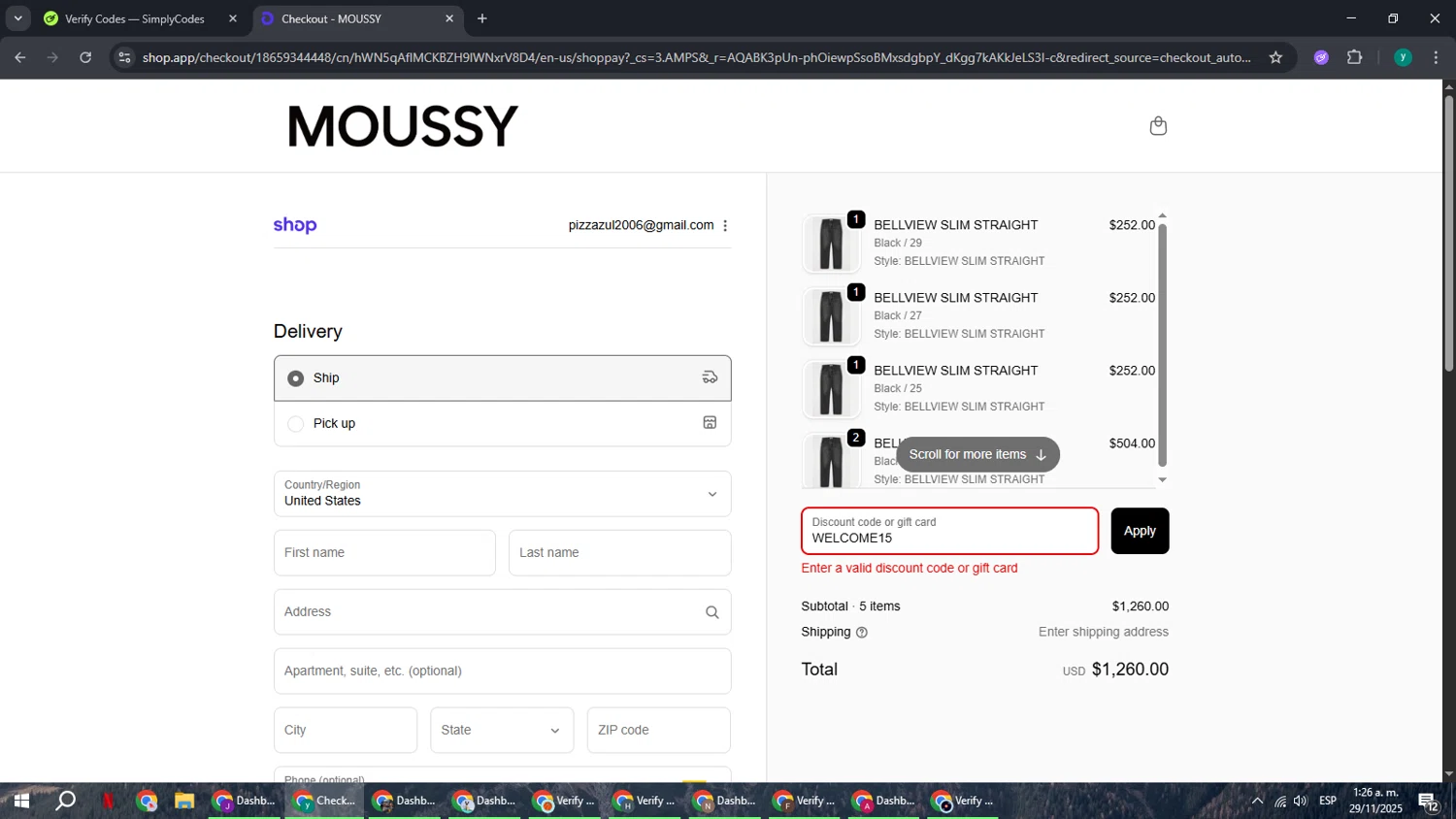 Moussy Global promo code screenshot showing code WELCOME15 applied at Moussy Global checkout page. Uploaded by SimplyCodes community member FrugalCaptain6906 on Nov 29, 2025
