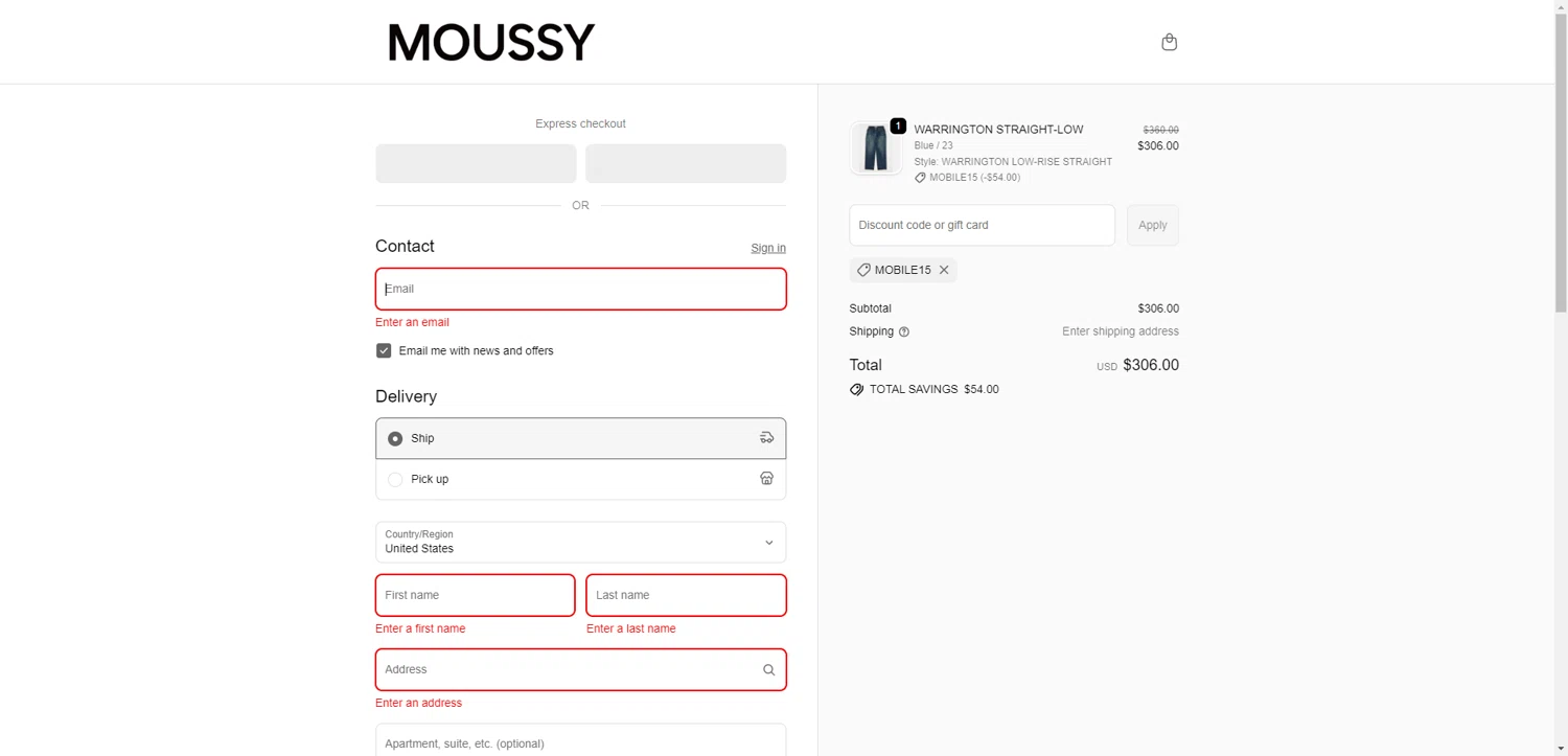 Moussy Global promo code screenshot showing code MOBILE15 applied at Moussy Global checkout page. Uploaded by SimplyCodes community member PennyRanger8219 on Oct 18, 2025