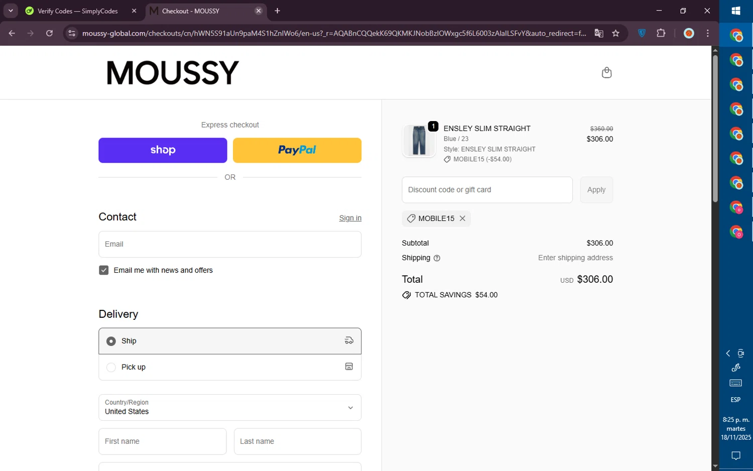 Moussy Global promo code screenshot showing code MOBILE15 applied at Moussy Global checkout page. Uploaded by SimplyCodes community member PromoVoyager8446 on Nov 19, 2025