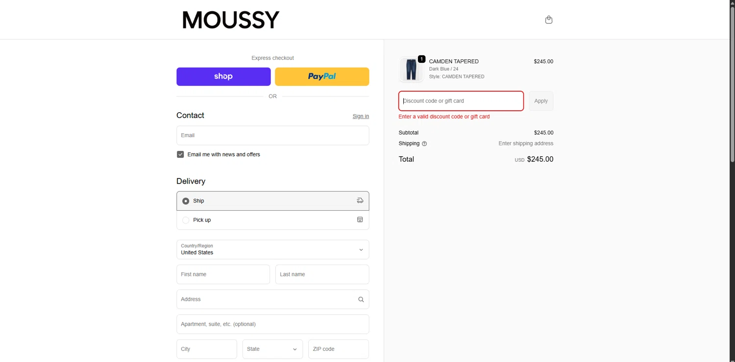 Moussy Global promo code screenshot showing code MOBILE15 applied at Moussy Global checkout page. Uploaded by SimplyCodes community member RoyalVirtuoso4479 on Nov 29, 2025