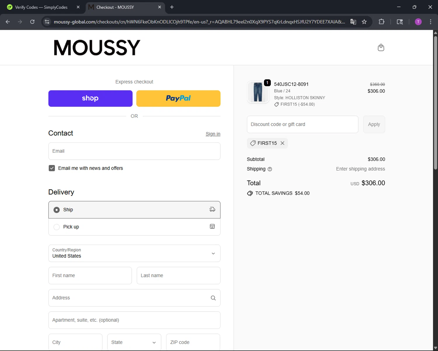 Moussy Global promo code screenshot showing code FIRST15 applied at Moussy Global checkout page. Uploaded by SimplyCodes community member CleverFinder9623 on Dec 10, 2025