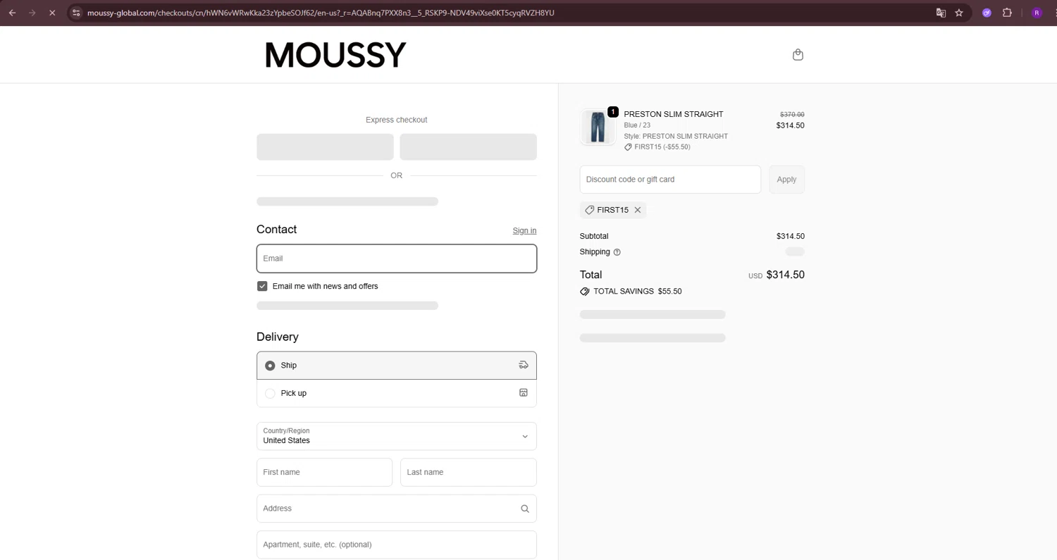 Moussy Global promo code screenshot showing code FIRST15 applied at Moussy Global checkout page. Uploaded by SimplyCodes community member ThriftySage9319 on Dec 27, 2025