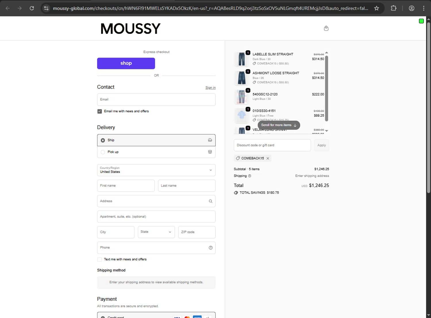 Moussy Global promo code screenshot showing code COMEBACK15 applied at Moussy Global checkout page. Uploaded by SimplyCodes community member MAHORAGA on Dec 10, 2025