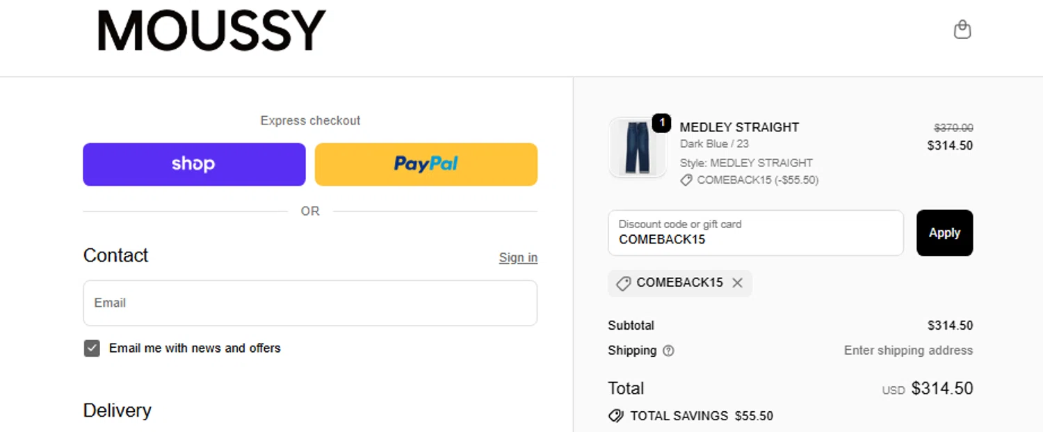 Moussy Global promo code screenshot showing code COMEBACK15 applied at Moussy Global checkout page. Uploaded by SimplyCodes community member Jhonny on Dec 5, 2025