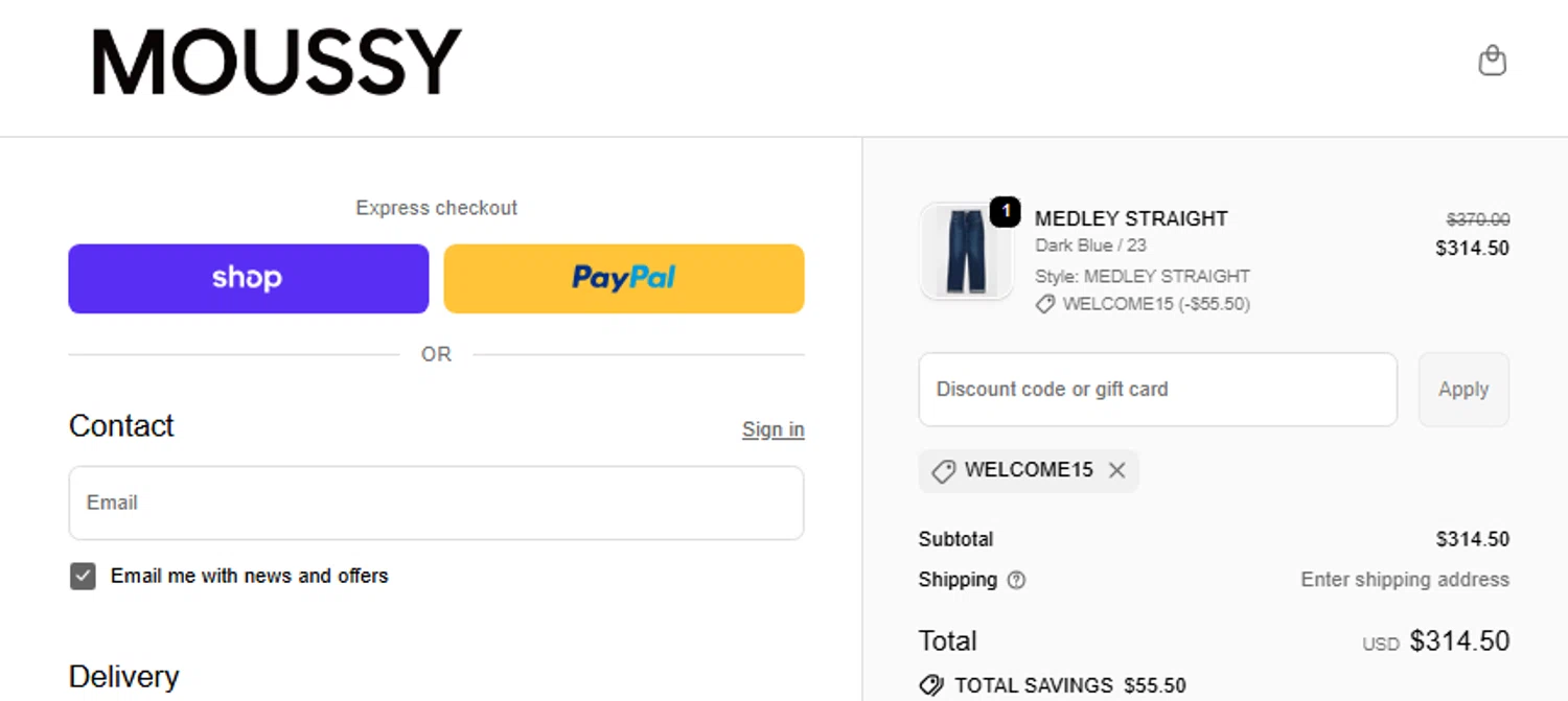 Moussy Global promo code screenshot showing code WELCOME15 applied at Moussy Global checkout page. Uploaded by SimplyCodes community member Jhonny on Dec 5, 2025