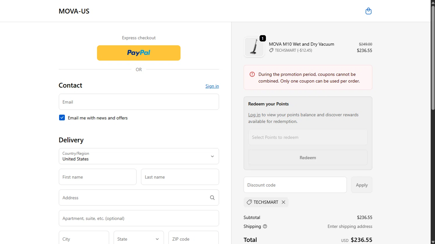 MOVA US promo code screenshot showing code TECHSMART applied at MOVA US checkout page. Uploaded by SimplyCodes community member ______________ on Nov 21, 2025
