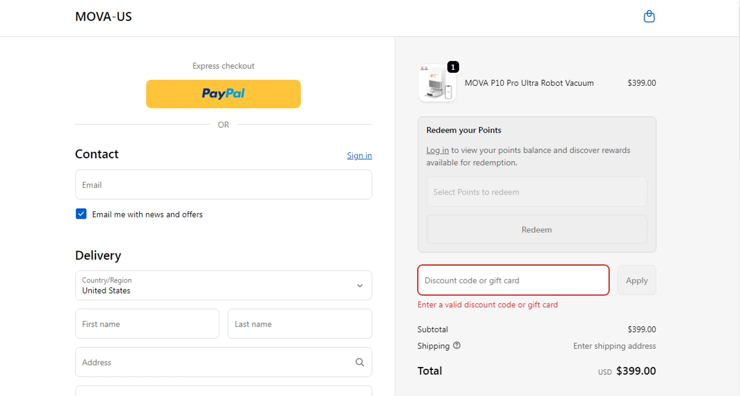 MOVA US promo code screenshot showing code OFFI5%OFF applied at MOVA US checkout page. Uploaded by SimplyCodes community member Gonzalez010203 on Dec 2, 2025