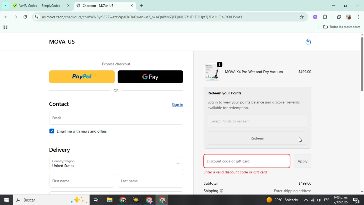 MOVA US promo code screenshot showing code OFFI5%OFF applied at MOVA US checkout page. Uploaded by SimplyCodes community member Mujerdejunnior on Dec 2, 2025