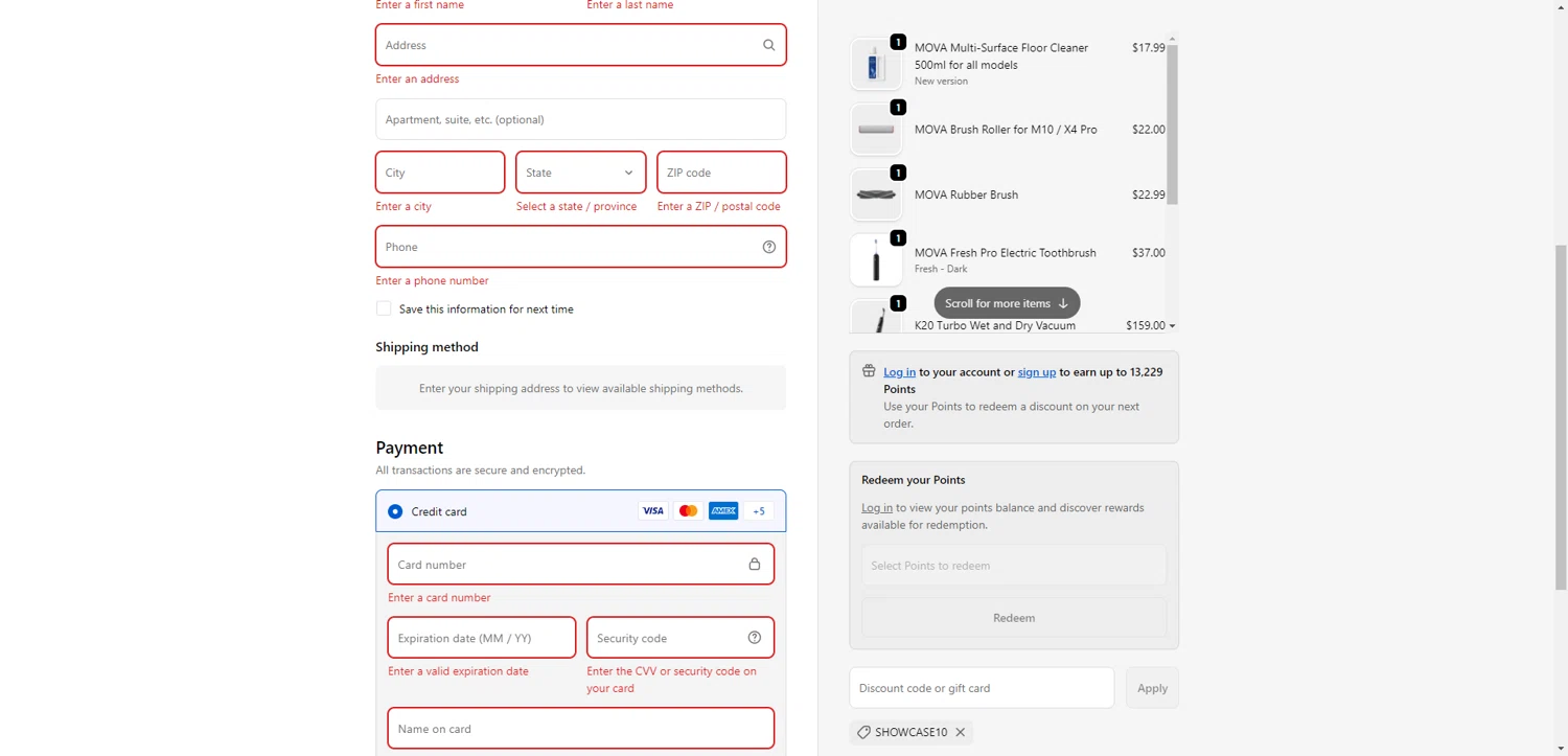 MOVA US checkout page showing MOVA US promo code box | Screenshot taken by SimplyCodes community member on Dec 17, 2025