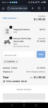 CANYON coupon verification screenshot