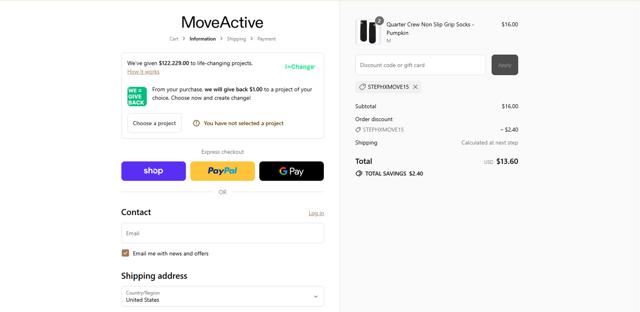 Move Active checkout page showing Move Active discount code box | Screenshot taken by SimplyCodes community member on Sep 6, 2025