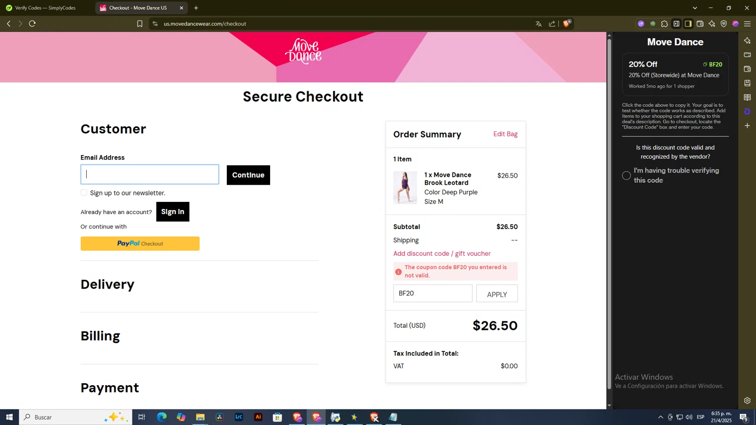 Move Dance discount code screenshot showing code BF20 applied at Move Dance checkout page. Uploaded by SimplyCodes community member DiscountExpert556 on Apr 21, 2025