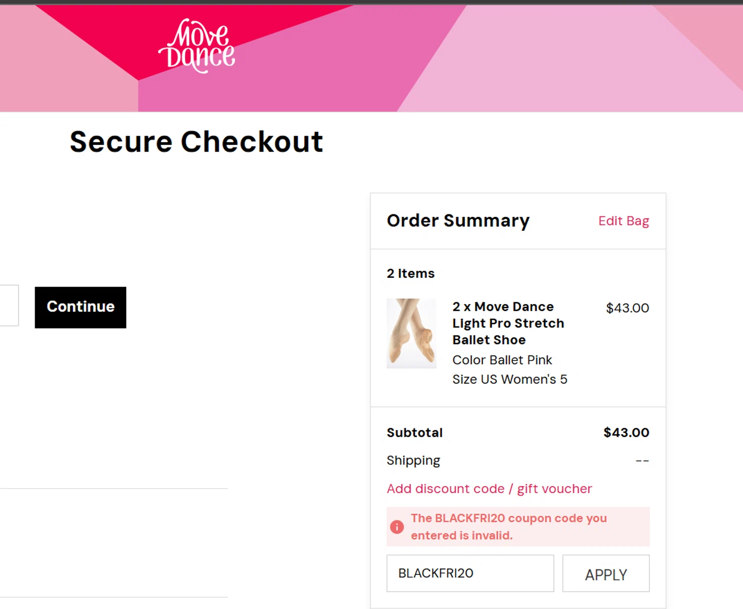 Move Dance discount code screenshot showing code BLACKFRI20 applied at Move Dance checkout page. Uploaded by SimplyCodes community member Lisboa on Dec 29, 2024