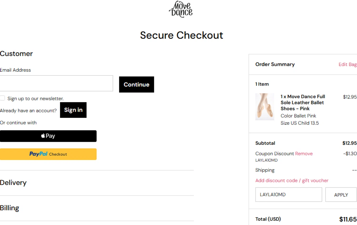 Move Dance checkout page showing Move Dance discount code box | Screenshot taken by SimplyCodes community member on Jul 25, 2025