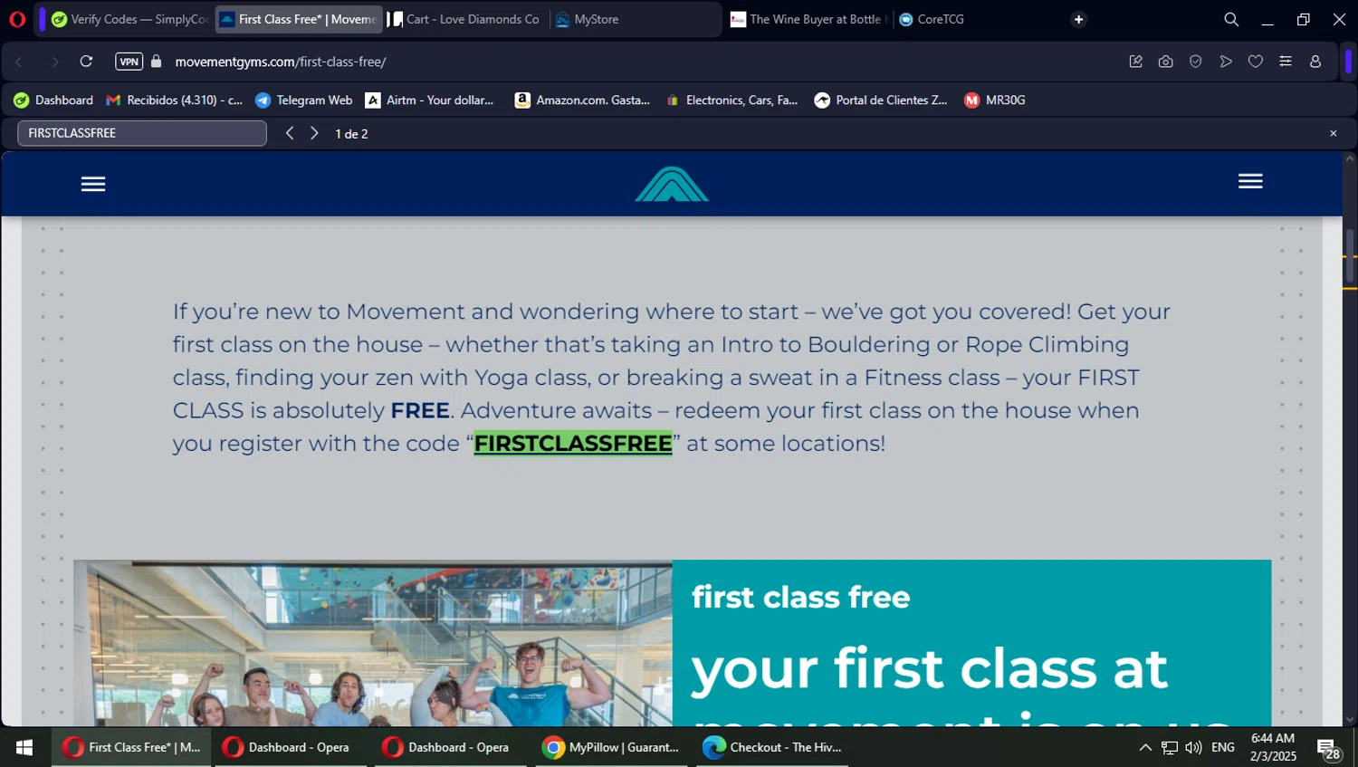 Movement Climbing checkout page showing Movement Climbing promo code box | Screenshot taken by SimplyCodes community member on Feb 3, 2025