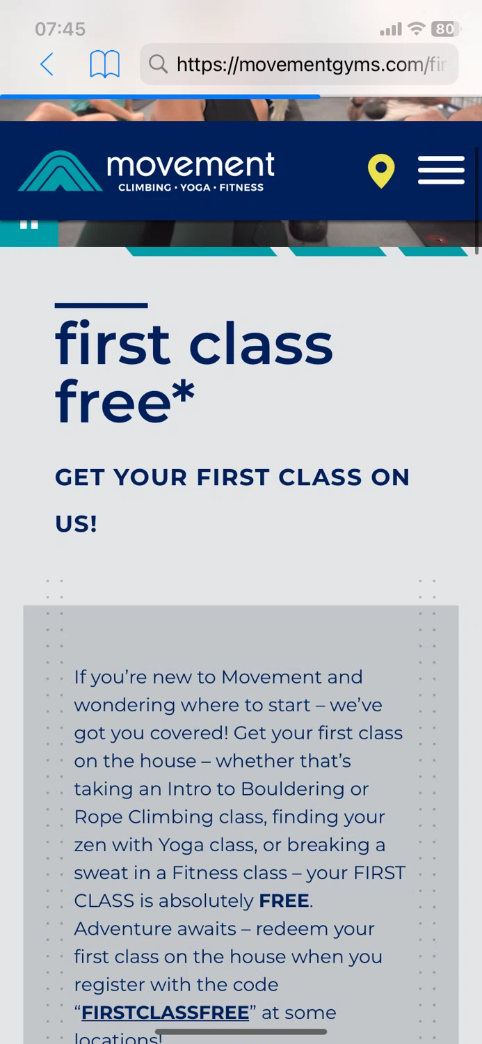Movement Climbing promo code screenshot showing code FIRSTCLASSFREE applied at Movement Climbing checkout page. Uploaded by SimplyCodes community member DiscountCurator2907 on Apr 2, 2025