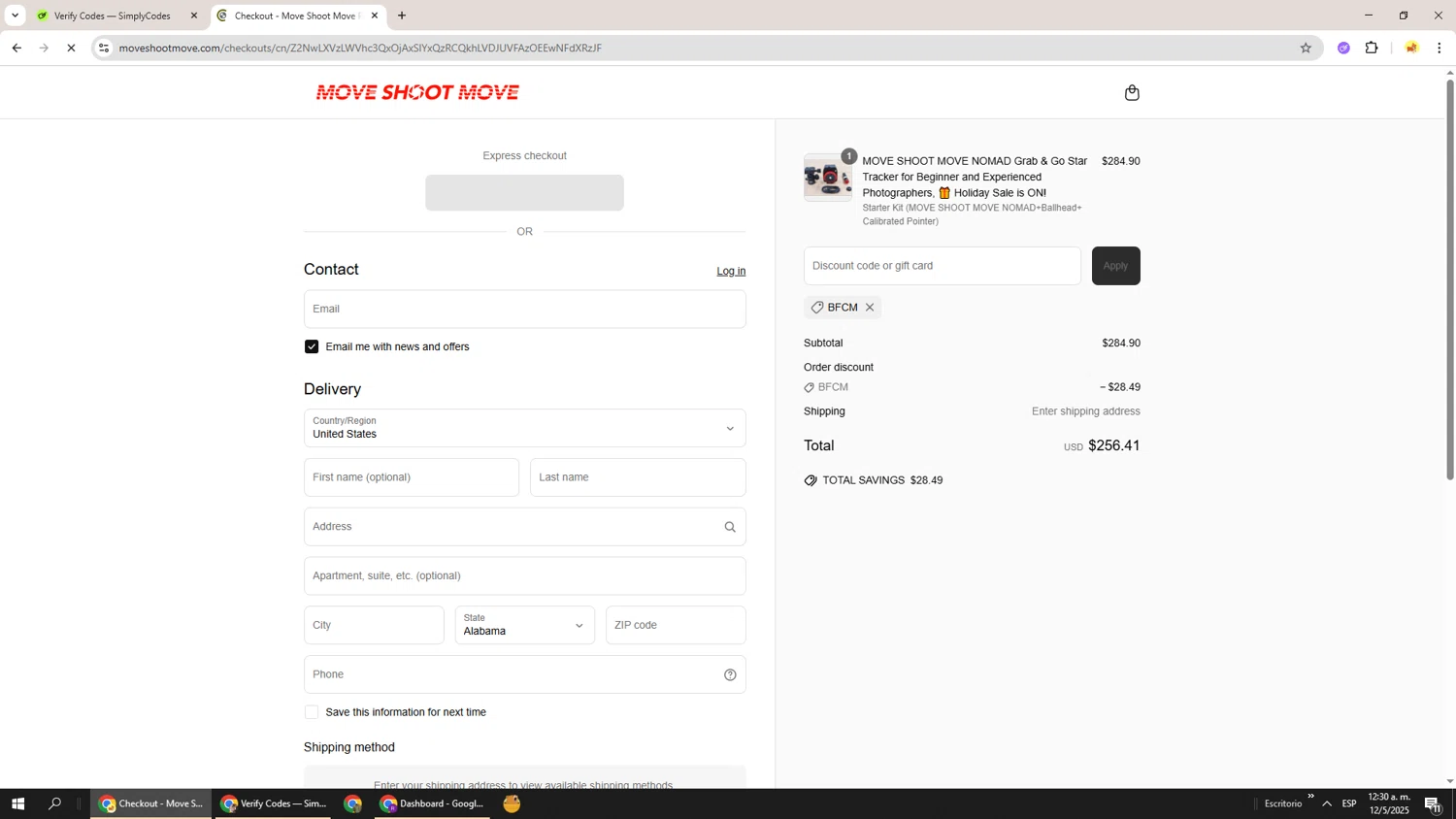Move Shoot Move discount code screenshot showing code BFCM applied at Move Shoot Move checkout page. Uploaded by SimplyCodes community member Richard251 on May 12, 2025