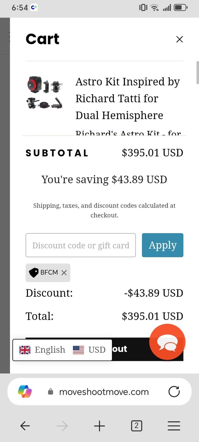 Move Shoot Move discount code screenshot showing code BFCM applied at Move Shoot Move checkout page. Uploaded by SimplyCodes community member Xx_Cogeburras3000_xX on Dec 27, 2025