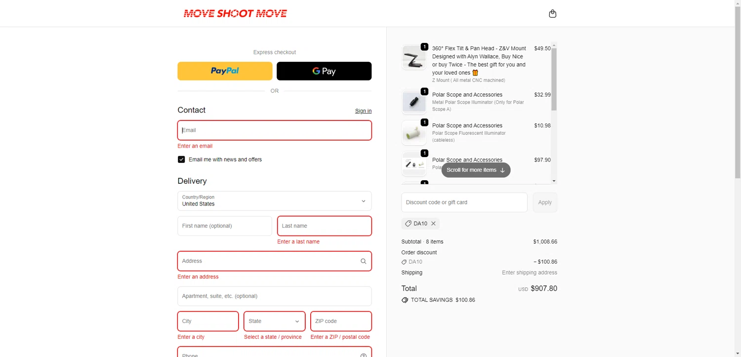 Move Shoot Move discount code screenshot showing code DA10 applied at Move Shoot Move checkout page. Uploaded by SimplyCodes community member SilverChaser3269 on Dec 27, 2025