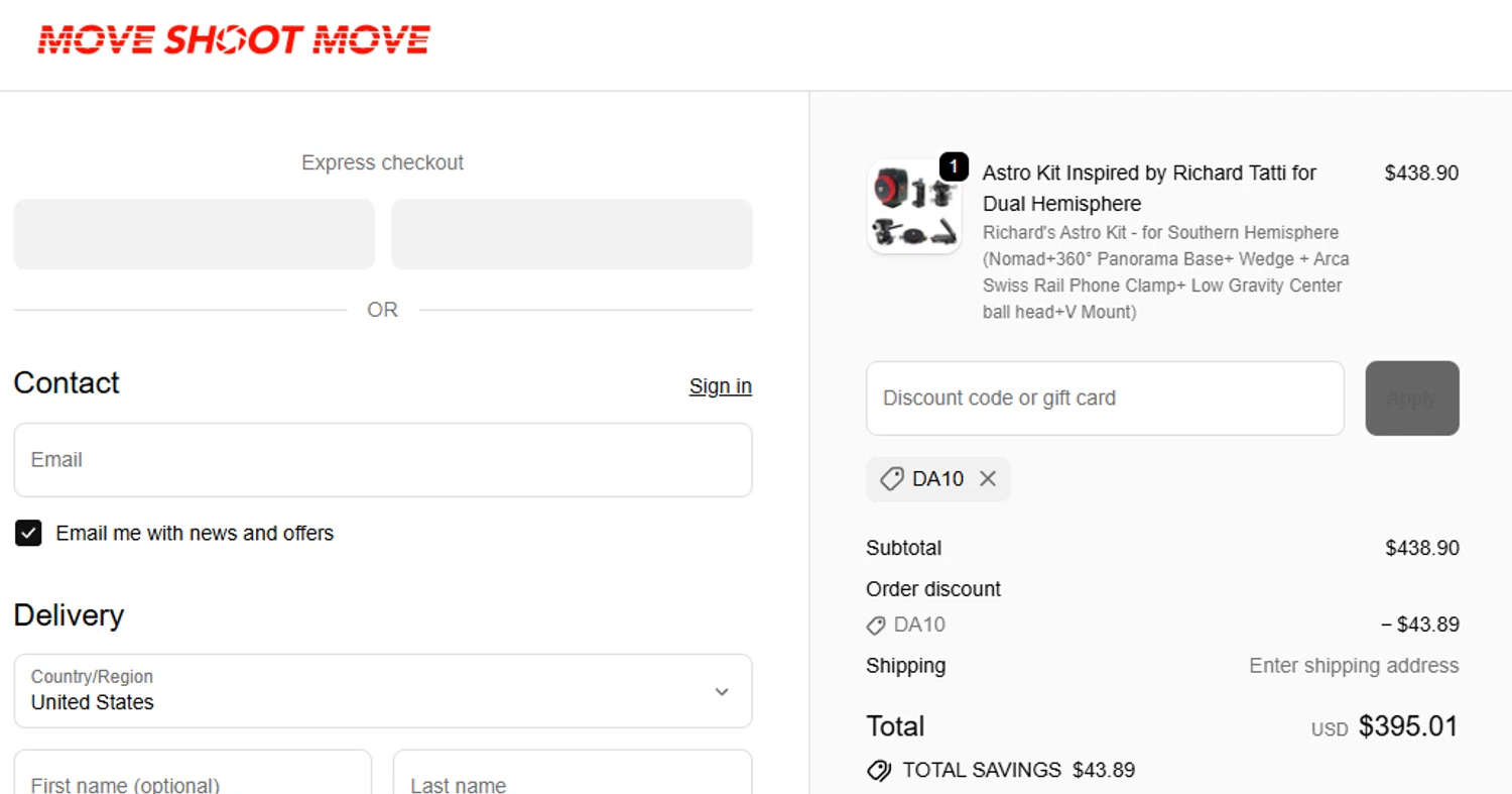 Move Shoot Move discount code screenshot showing code DA10 applied at Move Shoot Move checkout page. Uploaded by SimplyCodes community member paquitin29 on Oct 10, 2025