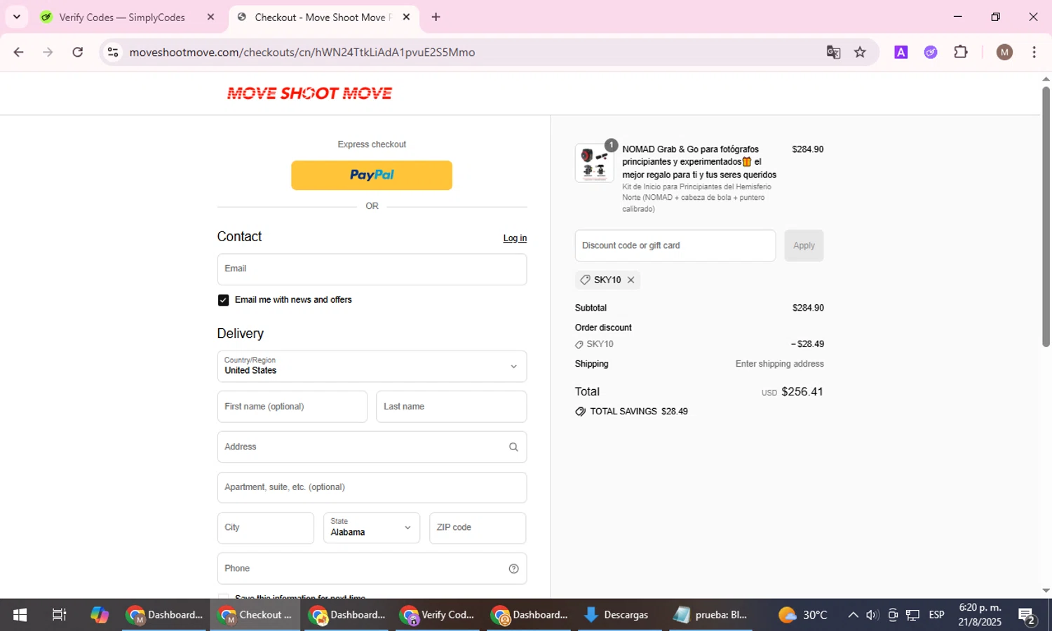 Move Shoot Move discount code screenshot showing code SKY10 applied at Move Shoot Move checkout page. Uploaded by SimplyCodes community member FrugalGuardian6154 on Aug 21, 2025