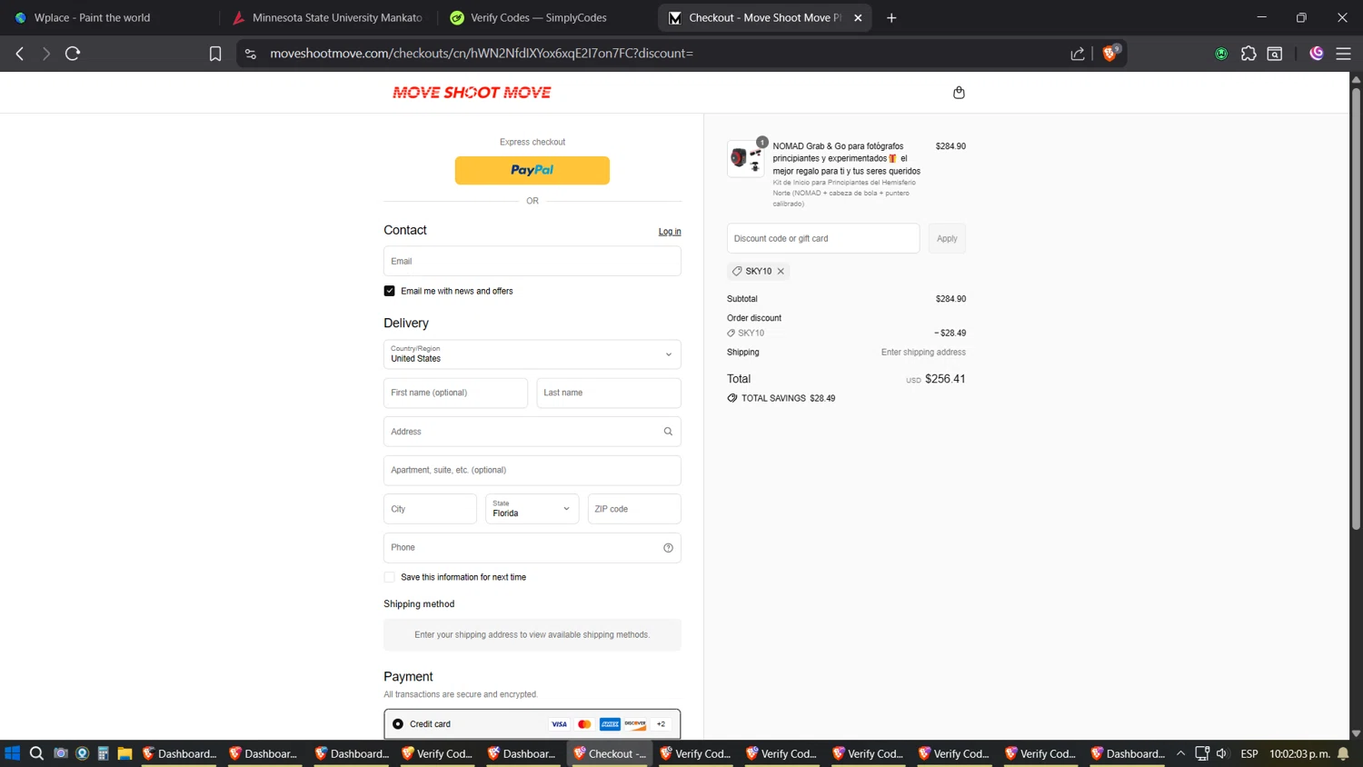 Move Shoot Move discount code screenshot showing code SKY10 applied at Move Shoot Move checkout page. Uploaded by SimplyCodes community member Phoenix on Aug 30, 2025