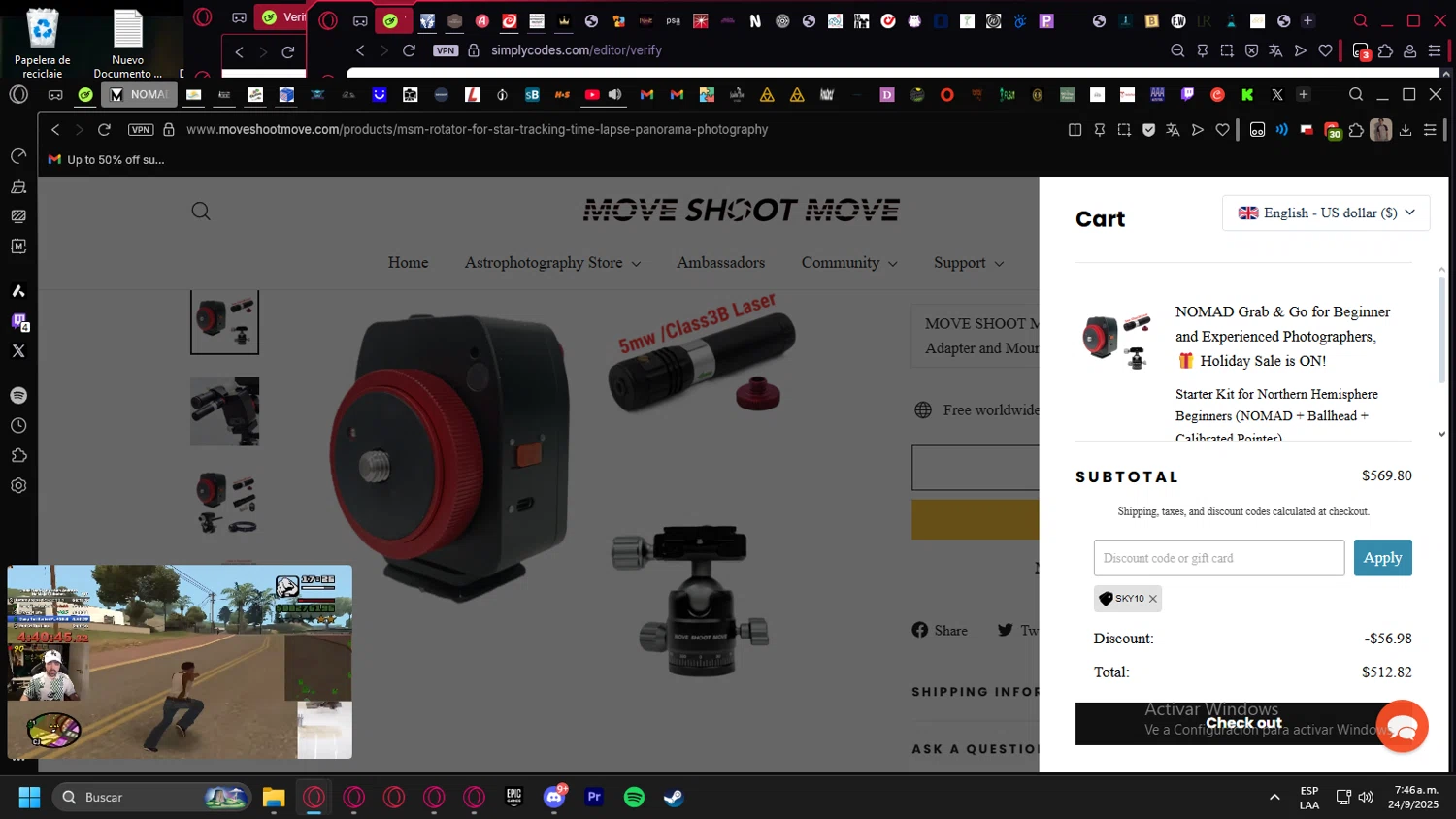 Move Shoot Move discount code screenshot showing code SKY10 applied at Move Shoot Move checkout page. Uploaded by SimplyCodes community member kurcovein on Sep 24, 2025