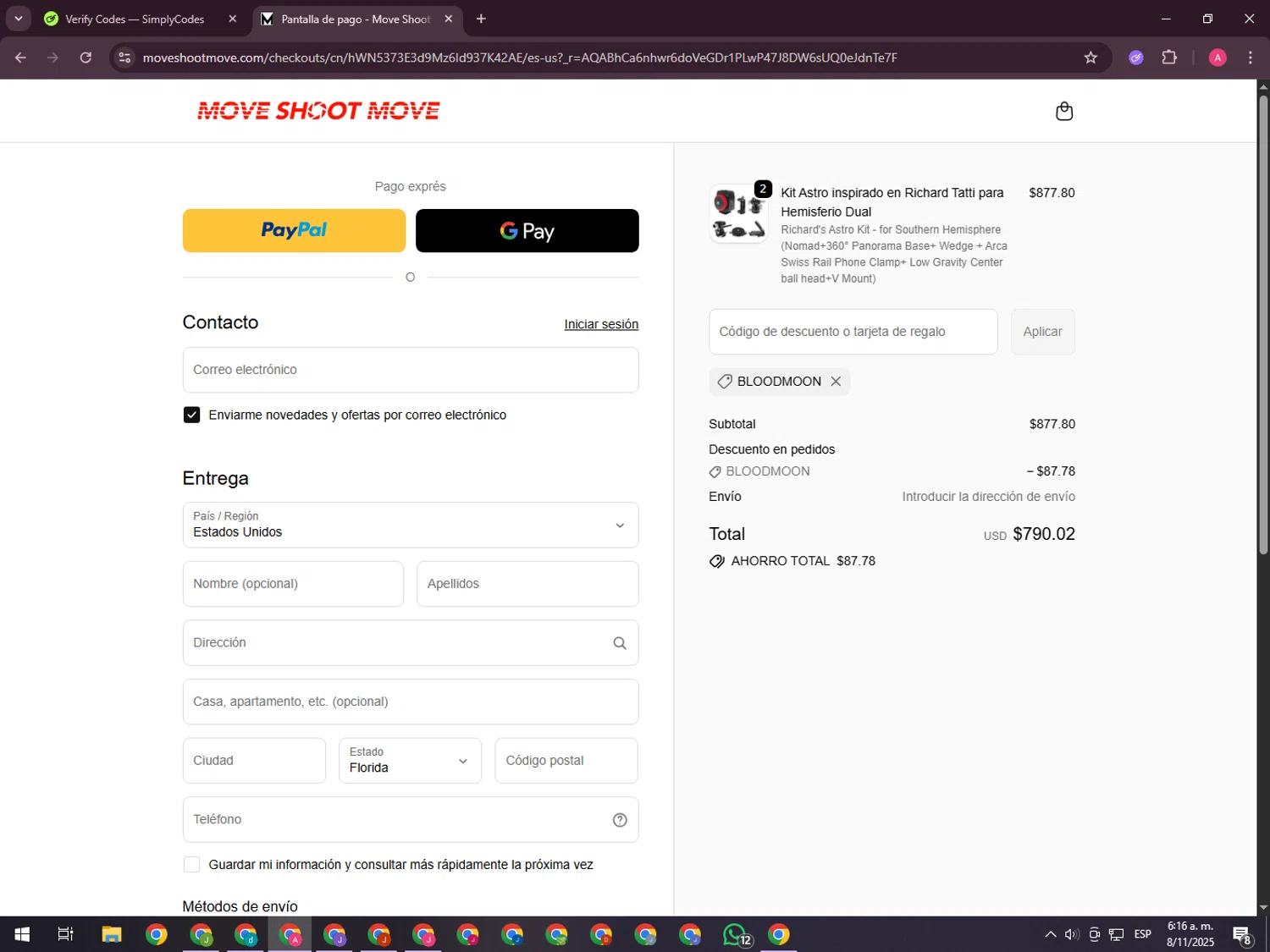 Move Shoot Move discount code screenshot showing code BLOODMOON applied at Move Shoot Move checkout page. Uploaded by SimplyCodes community member CrownHawk3462 on Nov 8, 2025