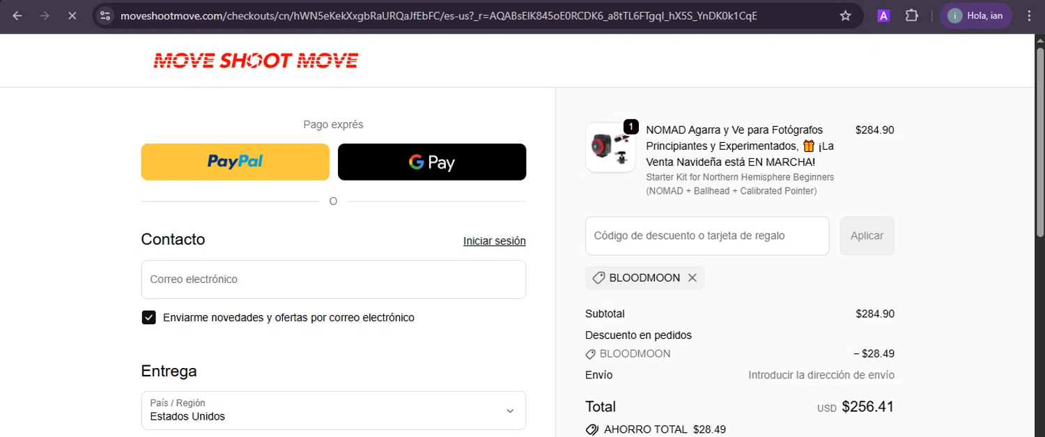 Move Shoot Move discount code screenshot showing code BLOODMOON applied at Move Shoot Move checkout page. Uploaded by SimplyCodes community member PrimeSentinel5869 on Nov 24, 2025