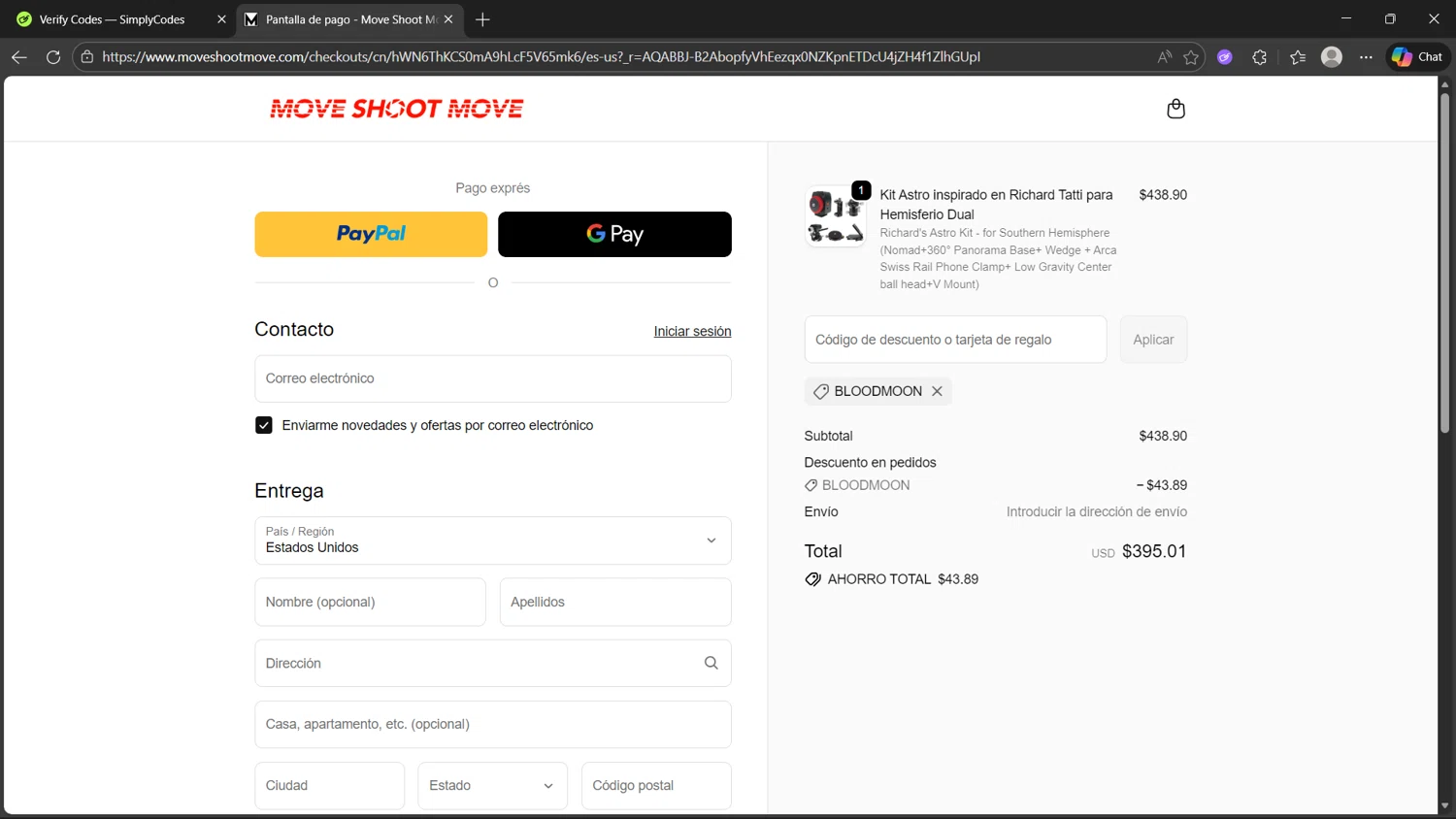 Move Shoot Move discount code screenshot showing code BLOODMOON applied at Move Shoot Move checkout page. Uploaded by SimplyCodes community member dragonjeffer_93a9 on Dec 16, 2025