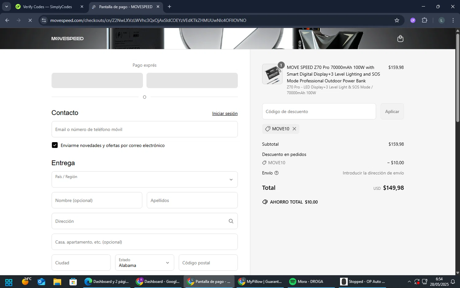 MoveSpeed promo code screenshot showing code MOVE10 applied at MoveSpeed checkout page. Uploaded by SimplyCodes community member TreasureMaestro5377 on May 28, 2025