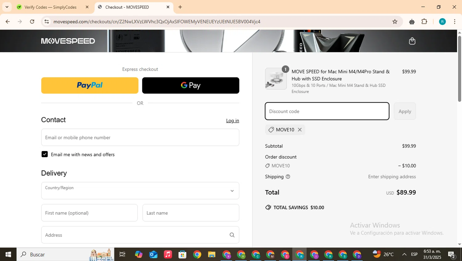 MoveSpeed promo code screenshot showing code MOVE10 applied at MoveSpeed checkout page. Uploaded by SimplyCodes community member BudgetHero4407 on Mar 31, 2025