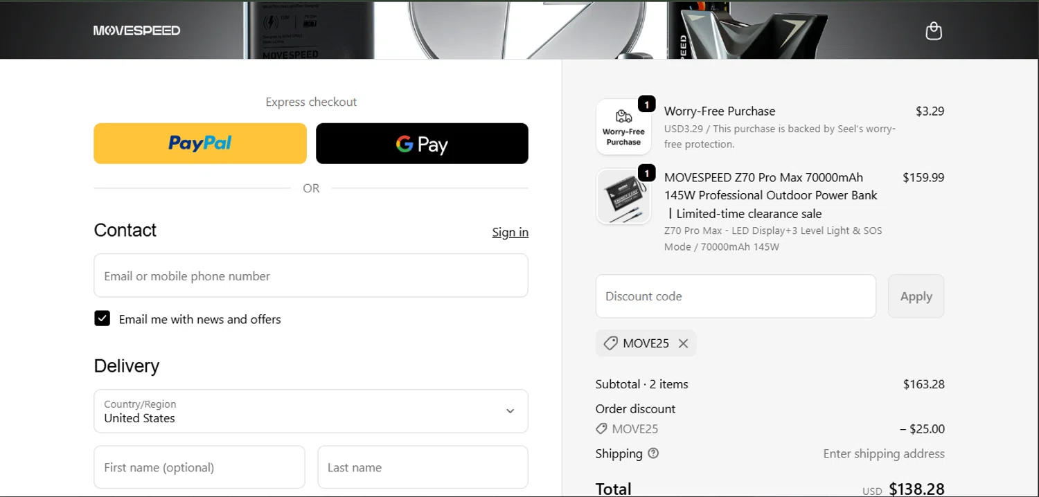 MoveSpeed checkout page showing MoveSpeed promo code box | Screenshot taken by SimplyCodes community member on Feb 13, 2026