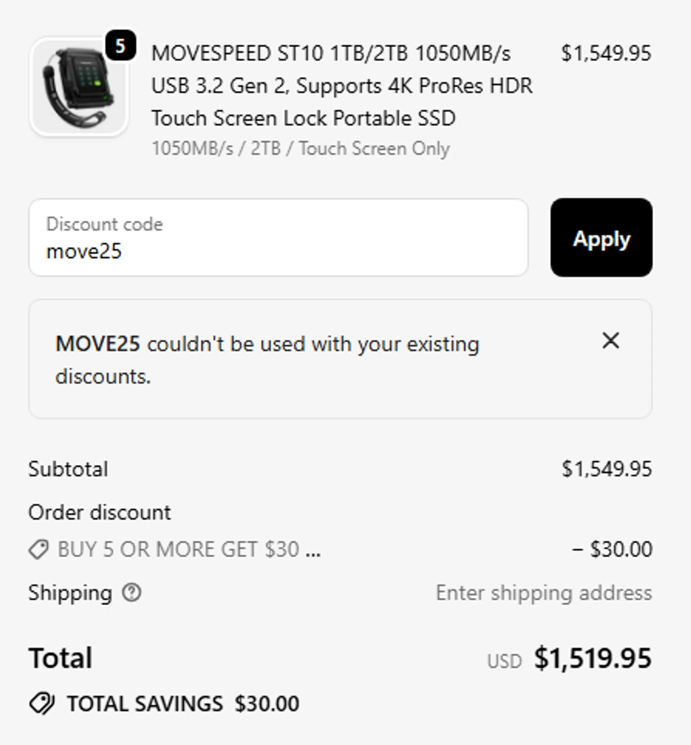 MoveSpeed promo code screenshot showing code move25 applied at MoveSpeed checkout page. Uploaded by SimplyCodes community member mariosemeco on Nov 14, 2025