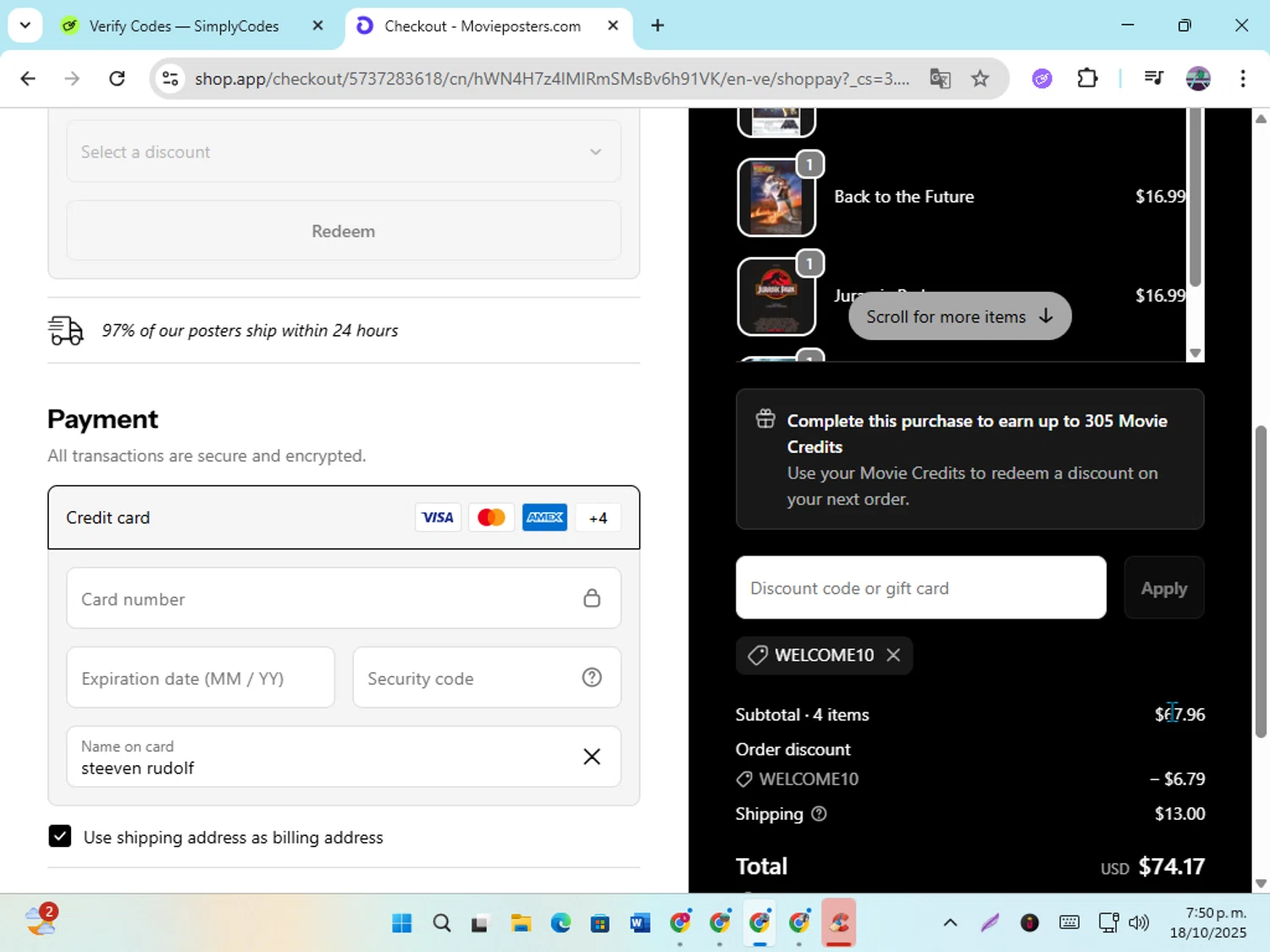 MoviePosters.com promo code screenshot showing code WELCOME10 applied at MoviePosters.com checkout page. Uploaded by SimplyCodes community member DiscountGenius6081 on Oct 18, 2025
