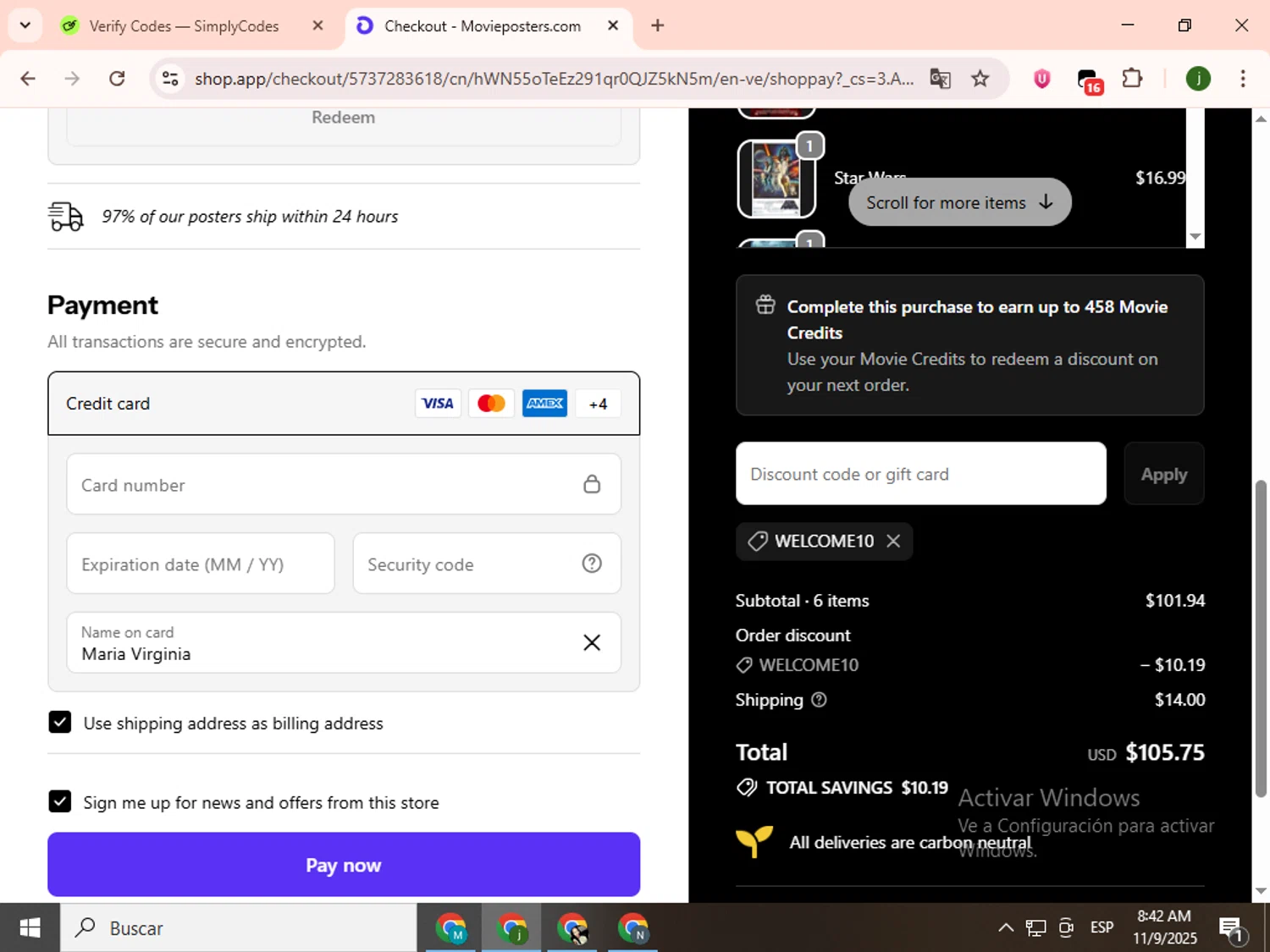 MoviePosters.com promo code screenshot showing code WELCOME10 applied at MoviePosters.com checkout page. Uploaded by SimplyCodes community member SavingsCollector2592 on Nov 9, 2025