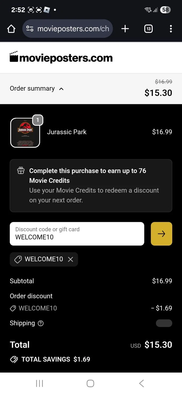 MoviePosters.com promo code screenshot showing code WELCOME10 applied at MoviePosters.com checkout page. Uploaded by SimplyCodes community member kikimbappe on Sep 25, 2025