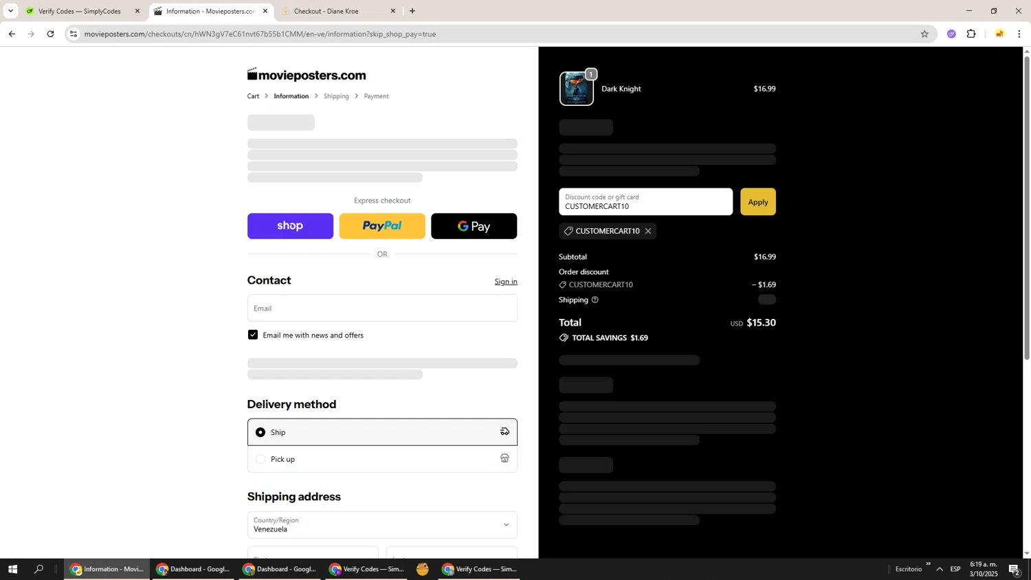 MoviePosters.com promo code screenshot showing code CUSTOMERCART10 applied at MoviePosters.com checkout page. Uploaded by SimplyCodes community member Richard251 on Oct 3, 2025