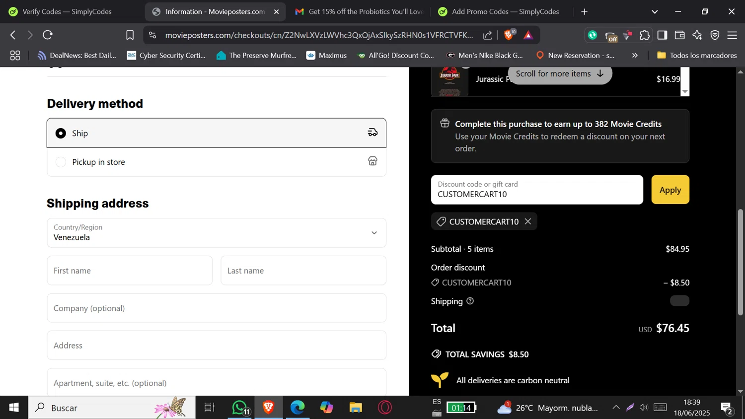 MoviePosters.com promo code screenshot showing code CUSTOMERCART10 applied at MoviePosters.com checkout page. Uploaded by SimplyCodes community member DORIANGEL on Jun 18, 2025