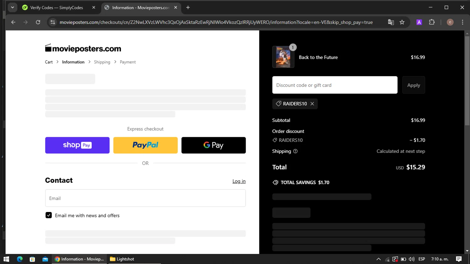 MoviePosters.com promo code screenshot showing code RAIDERS10 applied at MoviePosters.com checkout page. Uploaded by SimplyCodes community member VoucherRanger901 on Feb 13, 2025