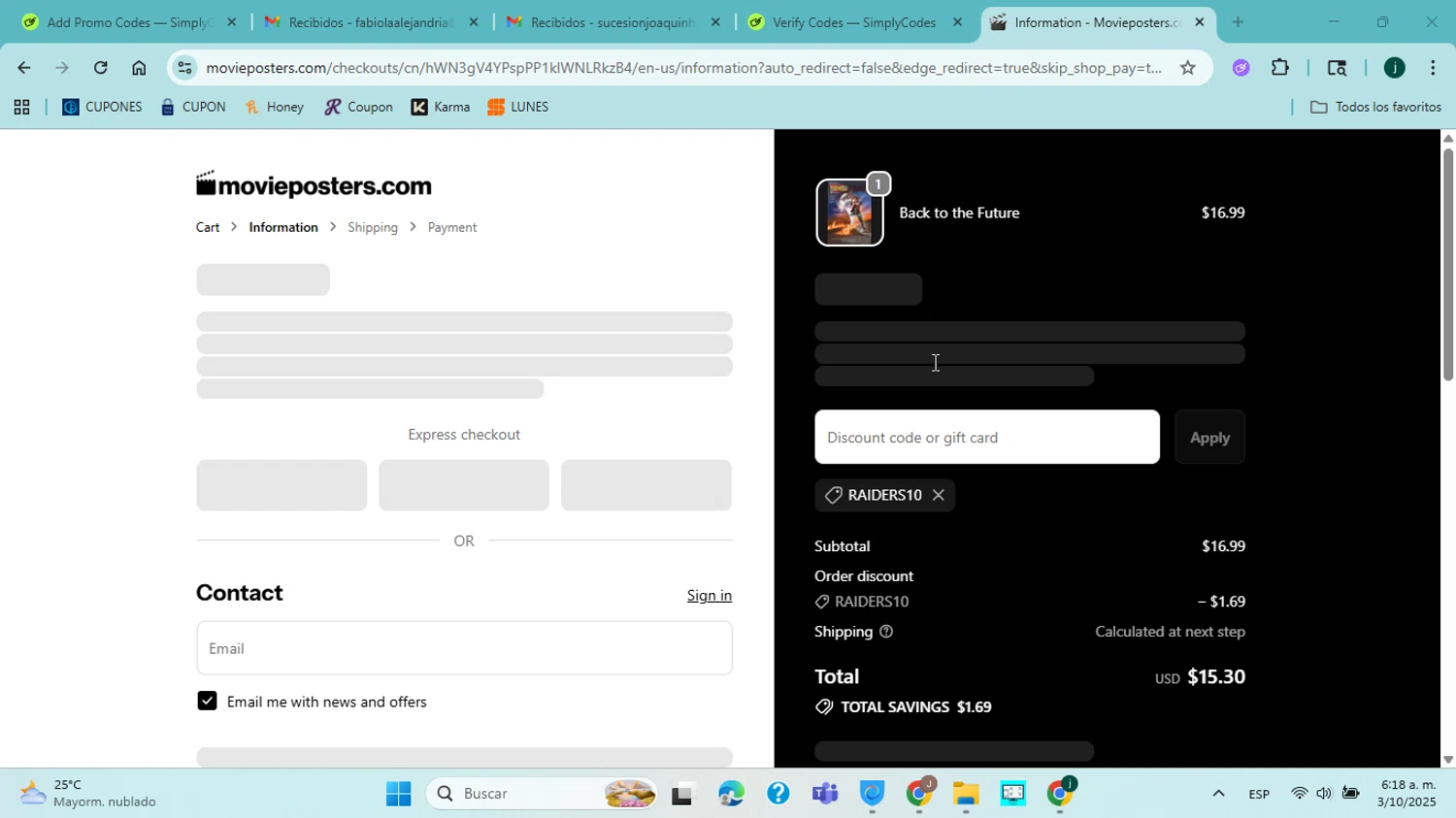 MoviePosters.com promo code screenshot showing code RAIDERS10 applied at MoviePosters.com checkout page. Uploaded by SimplyCodes community member jorgejavierherrera on Oct 3, 2025