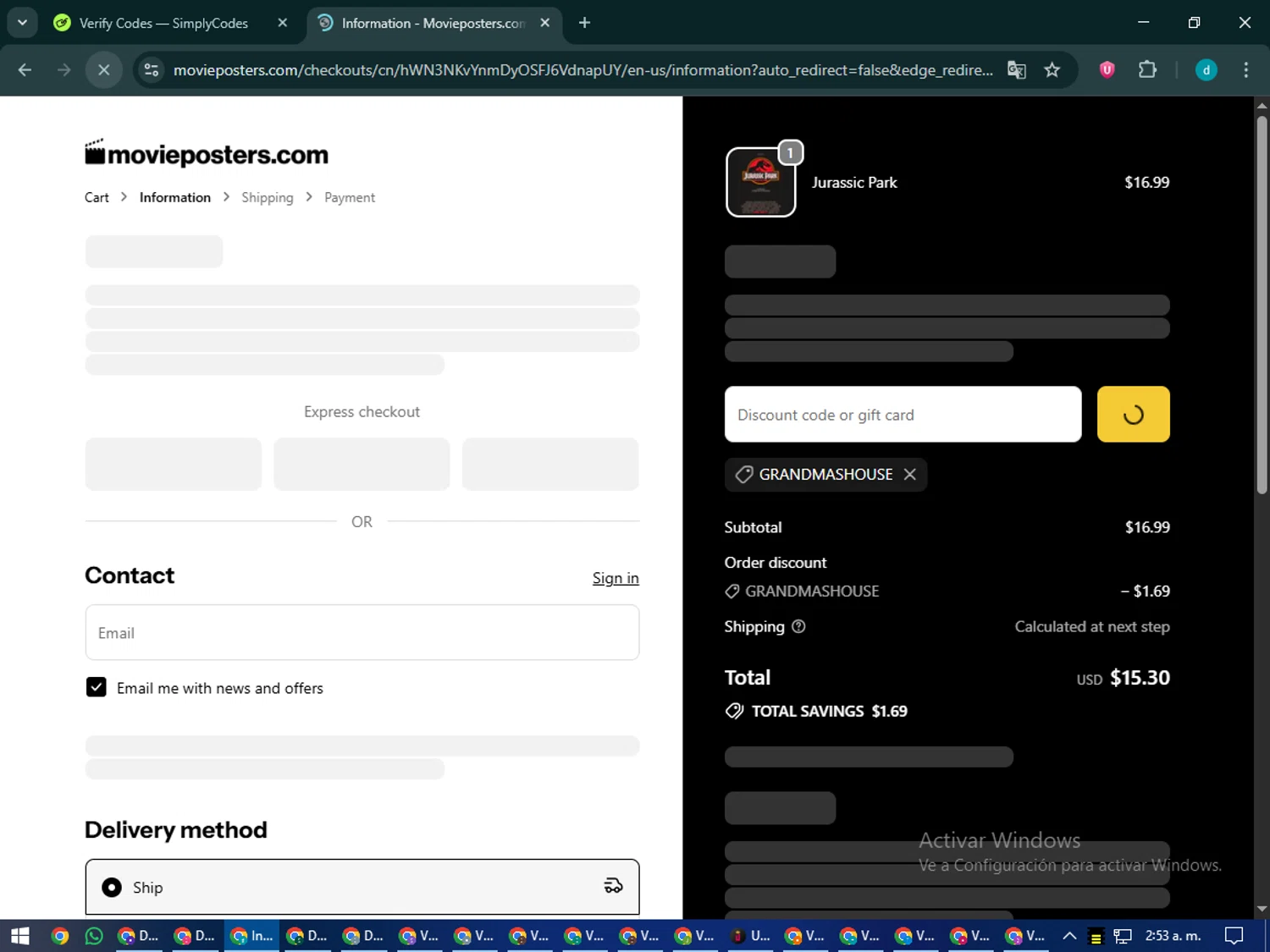 MoviePosters.com promo code screenshot showing code GRANDMASHOUSE applied at MoviePosters.com checkout page. Uploaded by SimplyCodes community member CodeMaverick5767 on Sep 25, 2025
