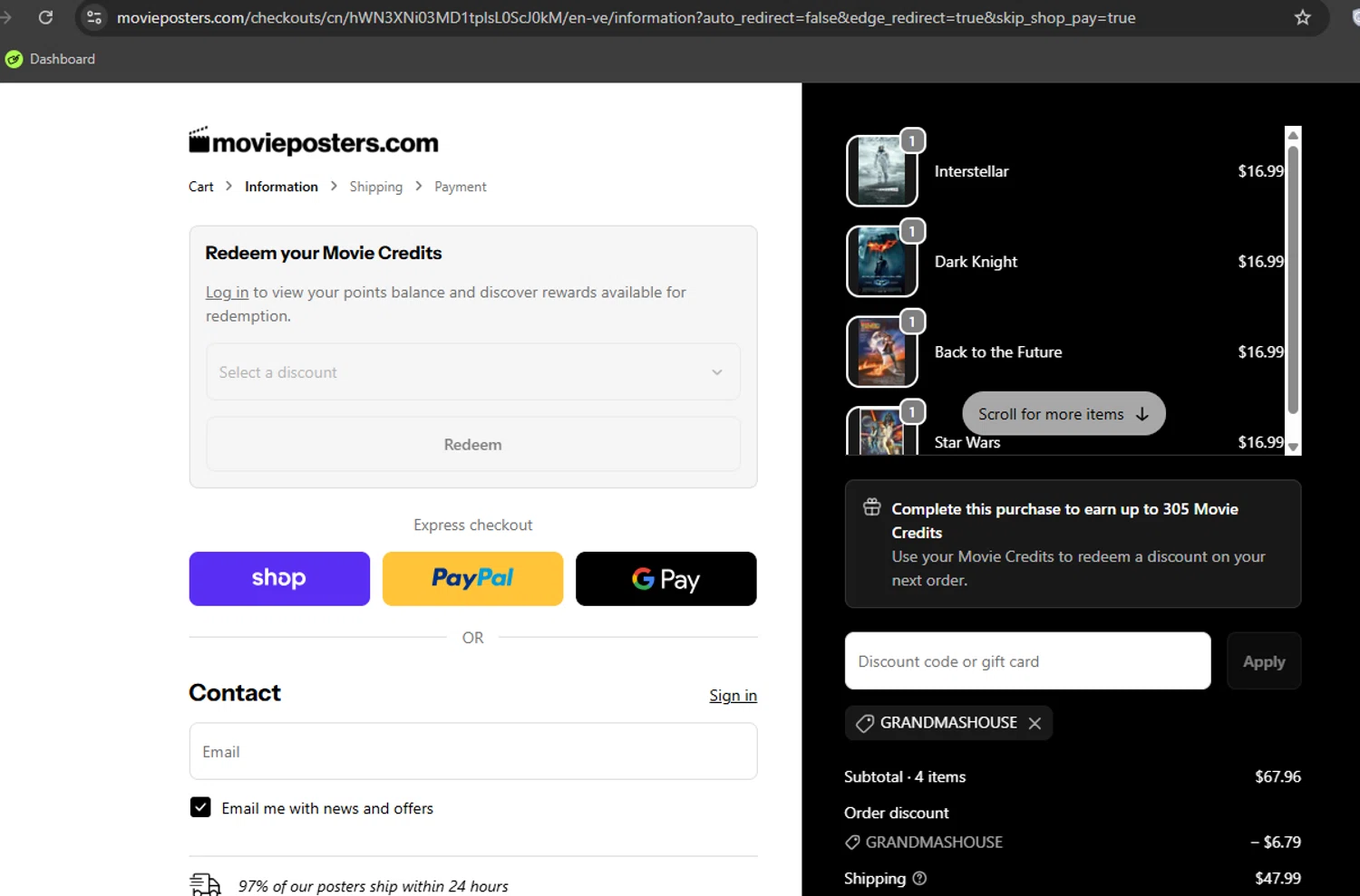 MoviePosters.com promo code screenshot showing code GRANDMASHOUSE applied at MoviePosters.com checkout page. Uploaded by SimplyCodes community member Limon02 on Sep 29, 2025