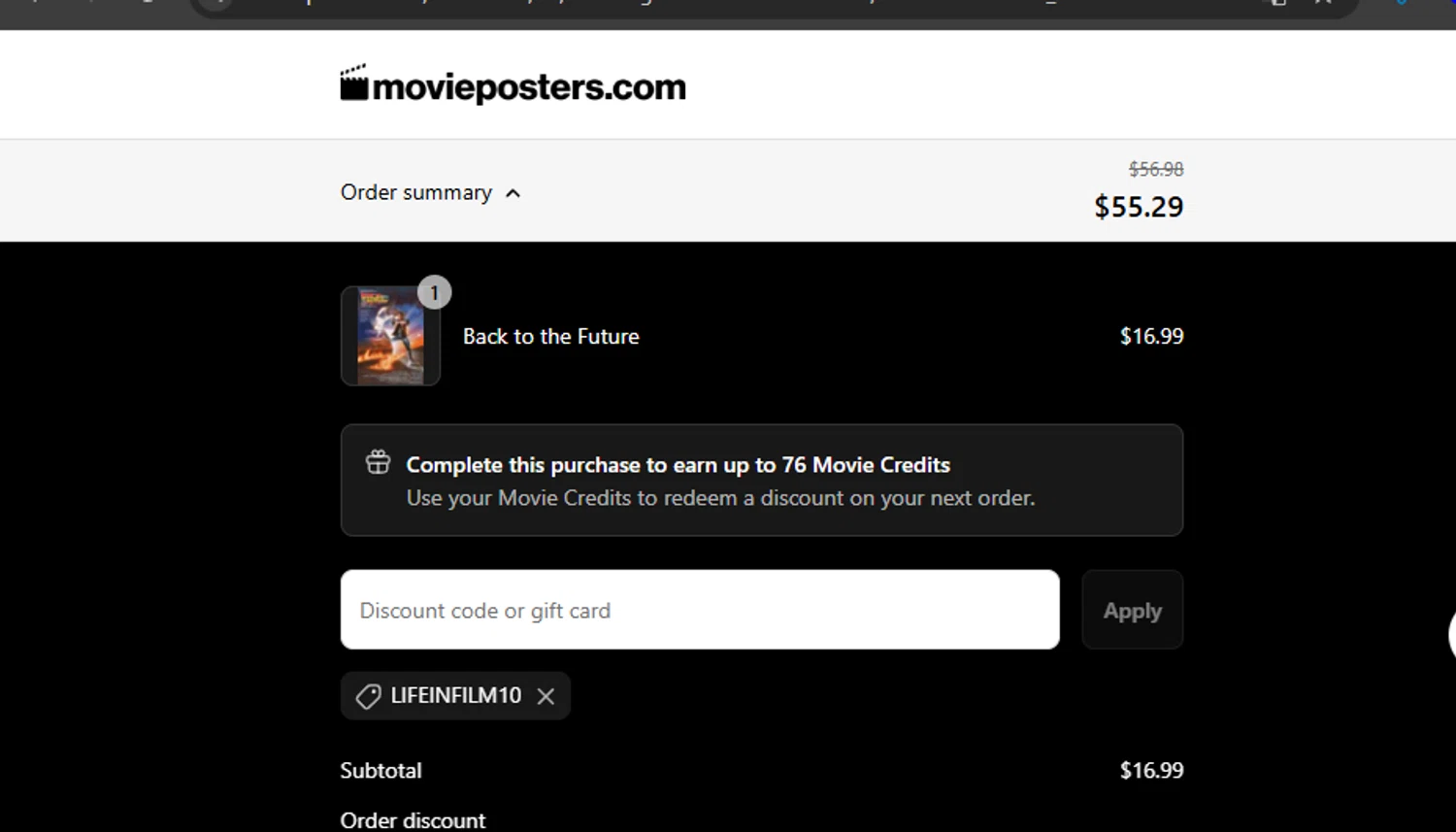 MoviePosters.com promo code screenshot showing code LIFEINFILM10 applied at MoviePosters.com checkout page. Uploaded by SimplyCodes community member ashe1986 on Aug 8, 2025