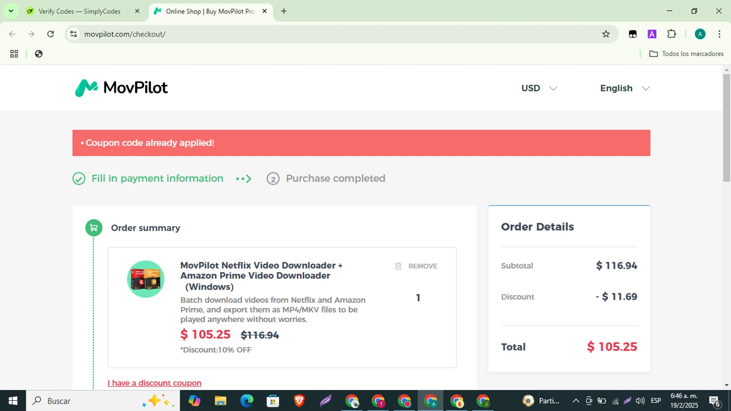 MovPilot coupon code screenshot showing code BF10F applied at MovPilot checkout page. Uploaded by SimplyCodes community member ThriftyMaverick3223 on Feb 19, 2025