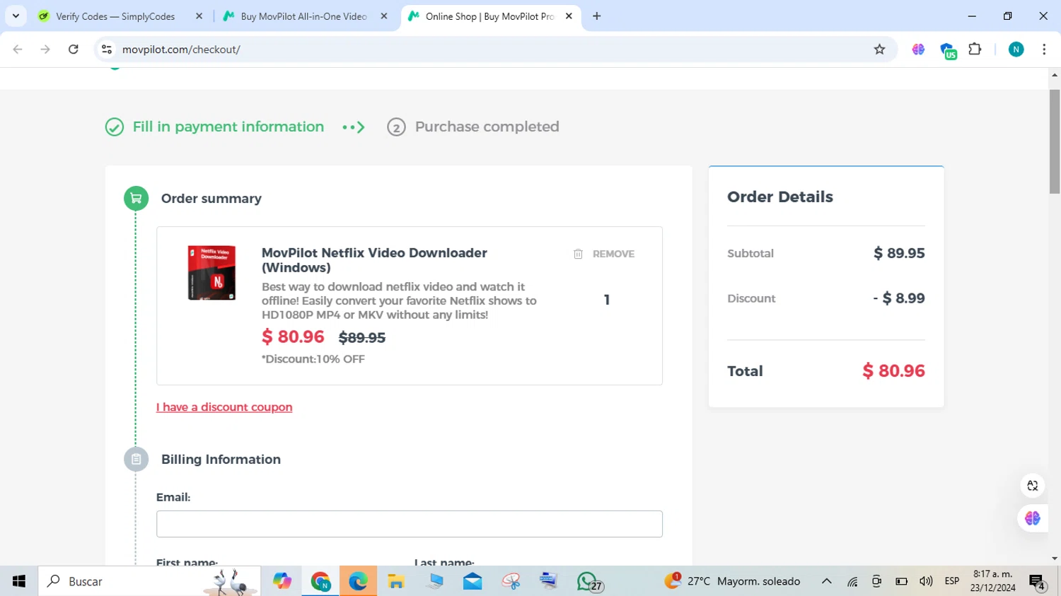 MovPilot checkout page showing MovPilot coupon code box | Screenshot taken by SimplyCodes community member on Dec 23, 2024