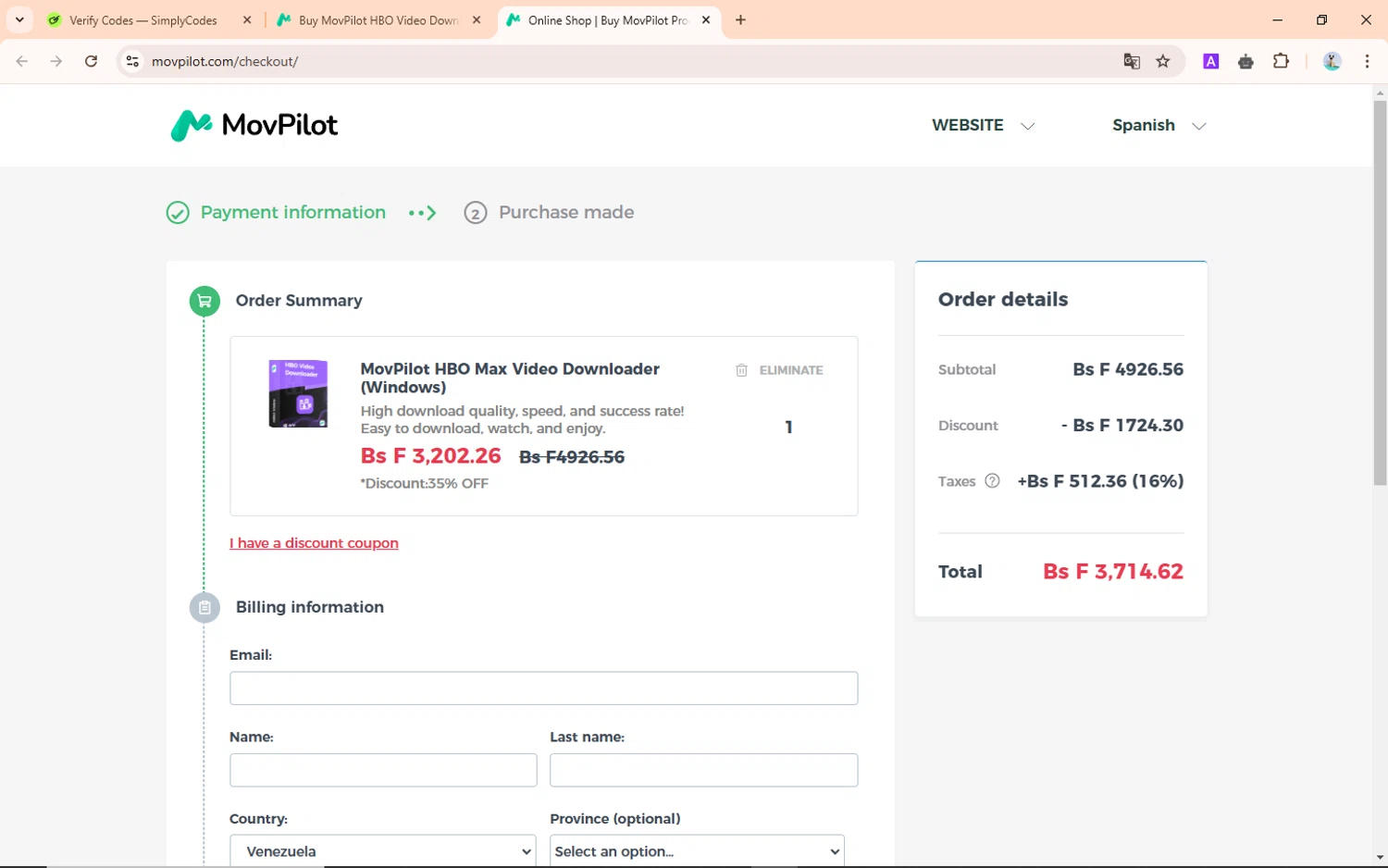 MovPilot checkout page showing MovPilot coupon code box | Screenshot taken by SimplyCodes community member on Dec 23, 2024