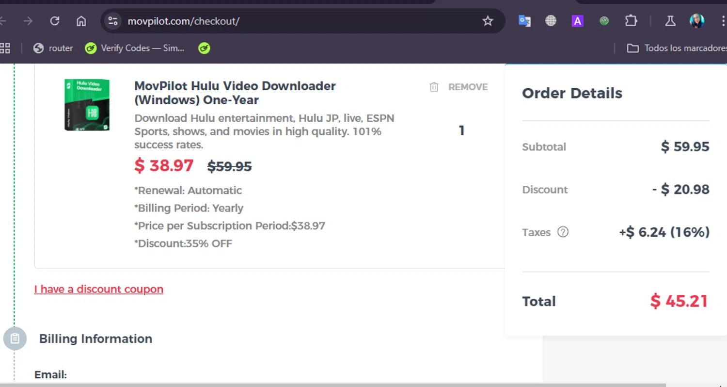 MovPilot checkout page showing MovPilot coupon code box | Screenshot taken by SimplyCodes community member on Dec 28, 2024