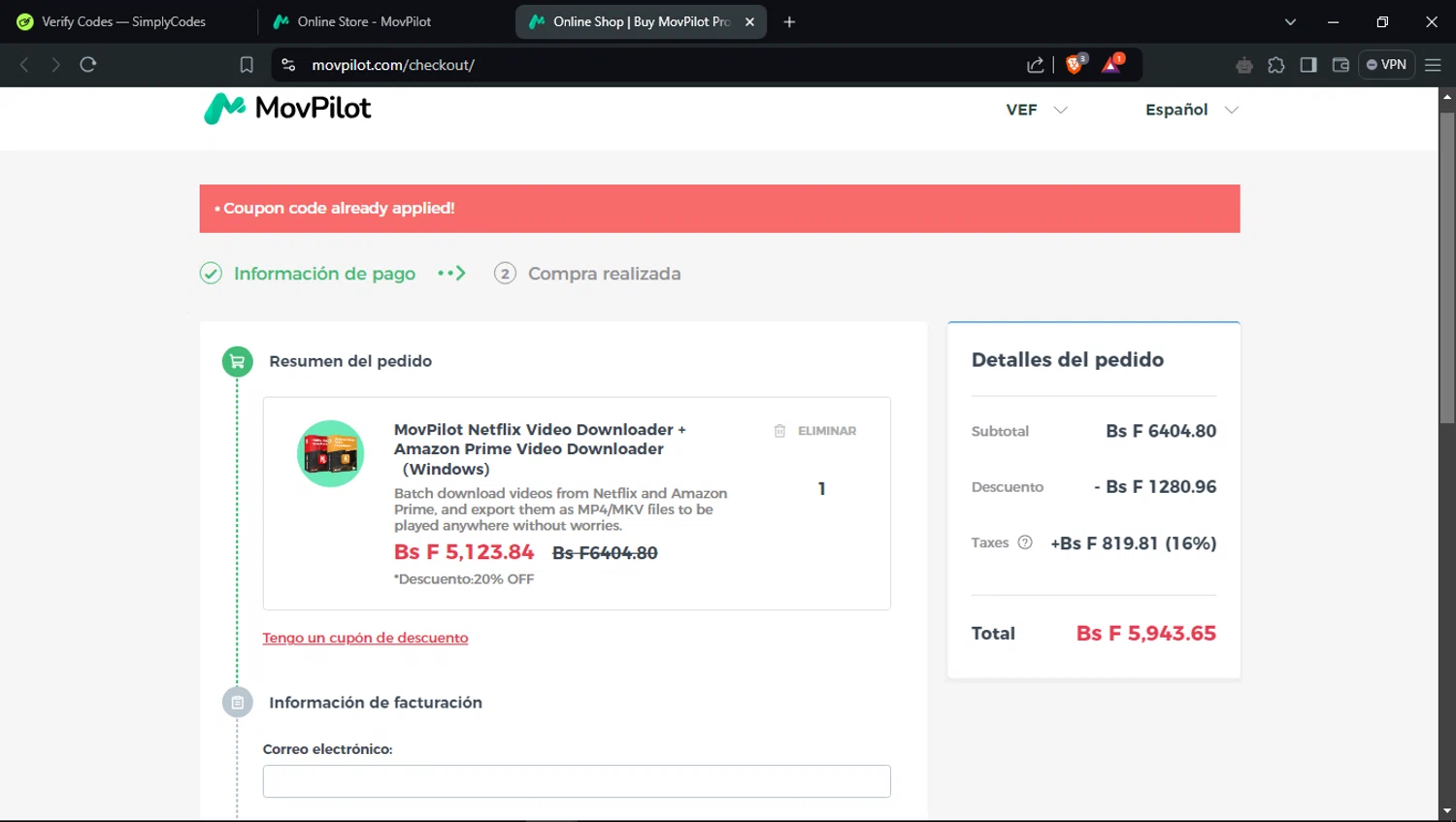 MovPilot checkout page showing MovPilot coupon code box | Screenshot taken by SimplyCodes community member on Dec 23, 2024